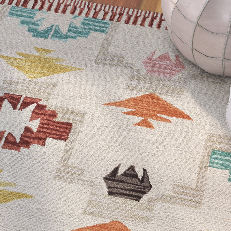 Auguste Geometric Handmade Tufted Wool Ivory/Crimson Area Rug, Rectangle 8' x 11'