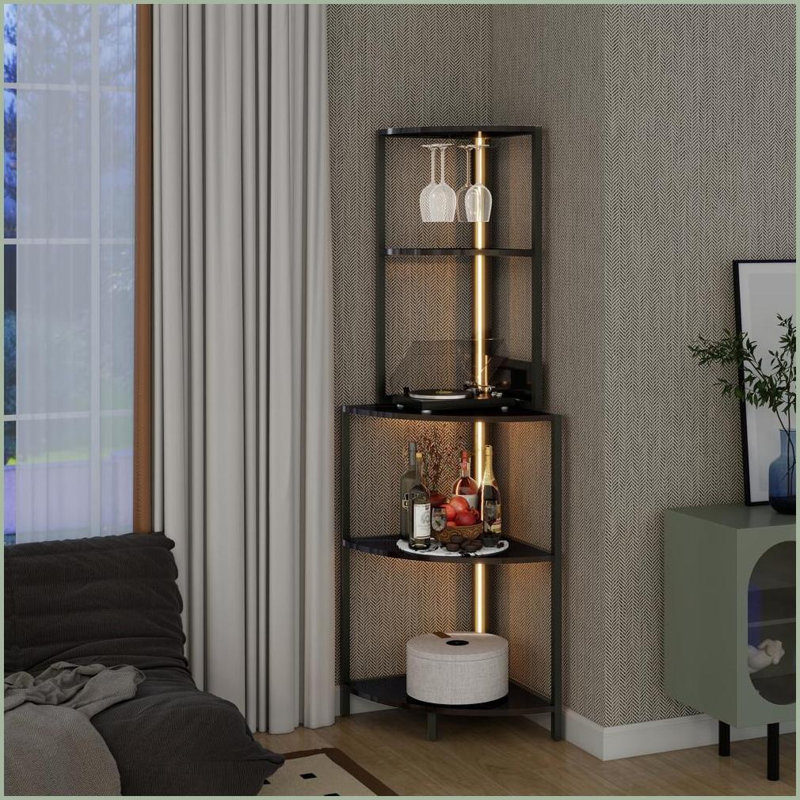 5 Tier Corner Bookshelf with LED Light, USB Plug &amp; Glass Holder | Metal + MDF | Black