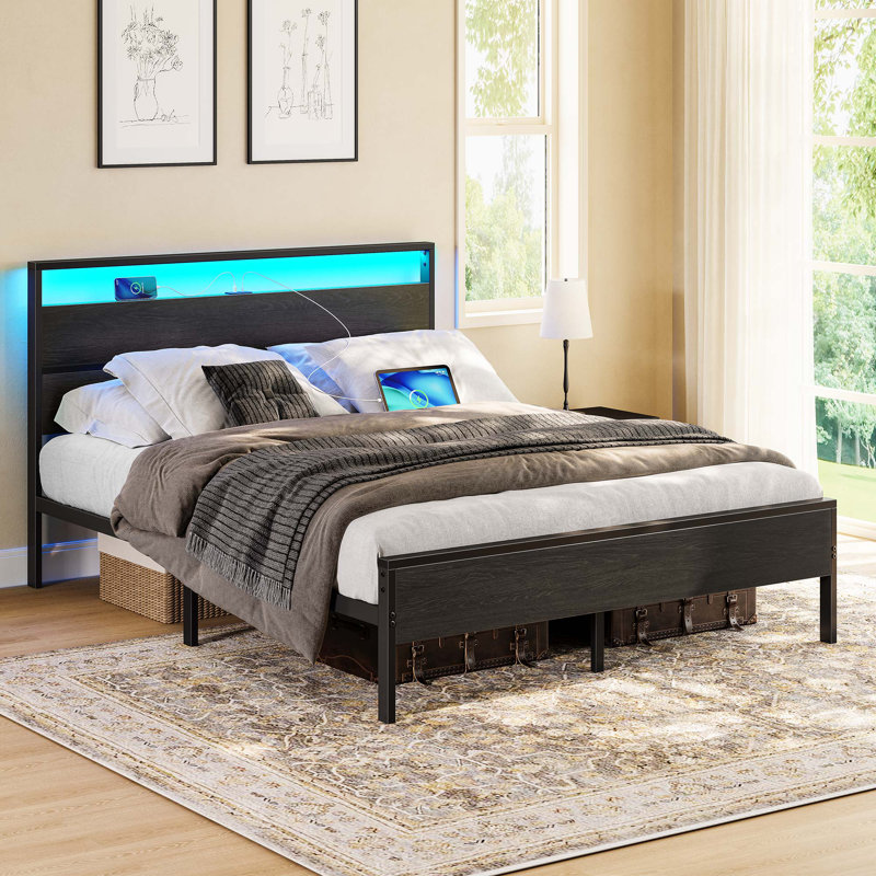 Bed Frame with Headboard, Metal Platform bed with LED Lights, Power Outlets & Under-Bed Storage, Full/Double