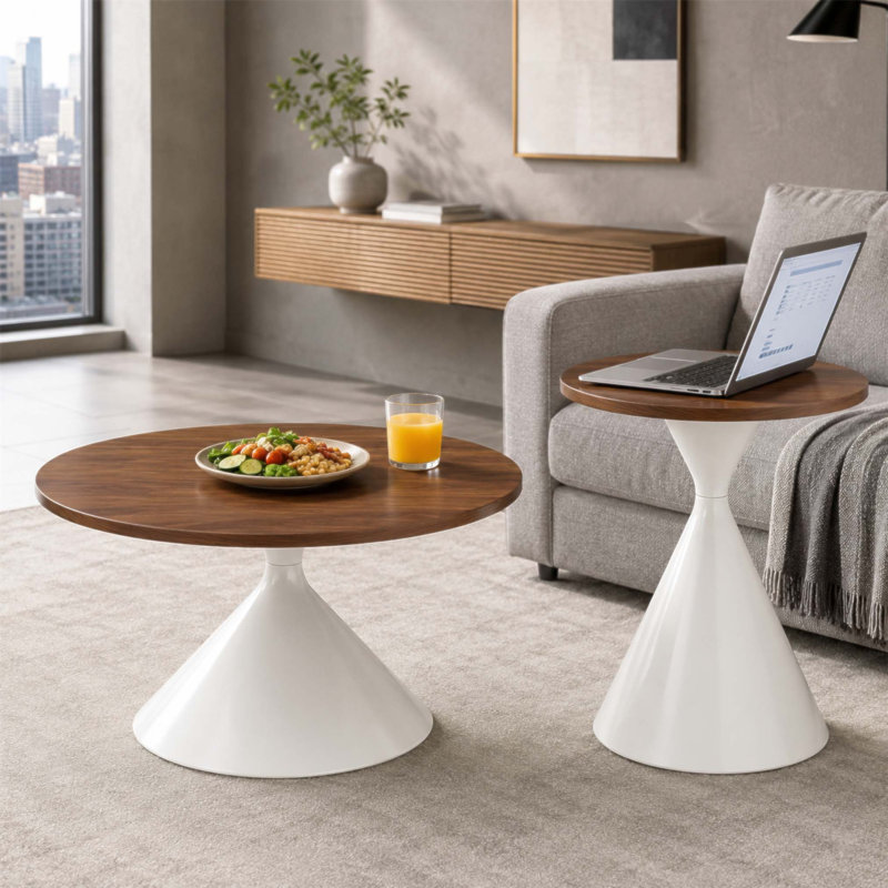 Ensemble de tables basses rondes multifonctionnelles 2 pièces, plateau à motif avec base en acier pour une utilisation durable et élégante