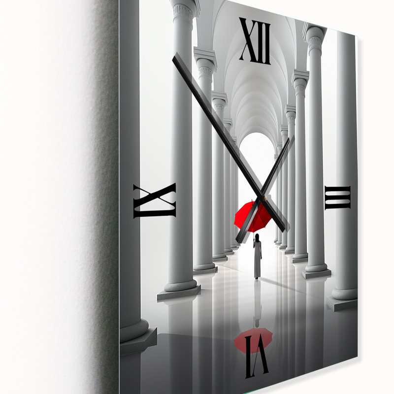 Le parapluie rouge minimaliste I - horloge murale paysage abstrait surdimensionné, H 32 po x l 24 po x P 1 po