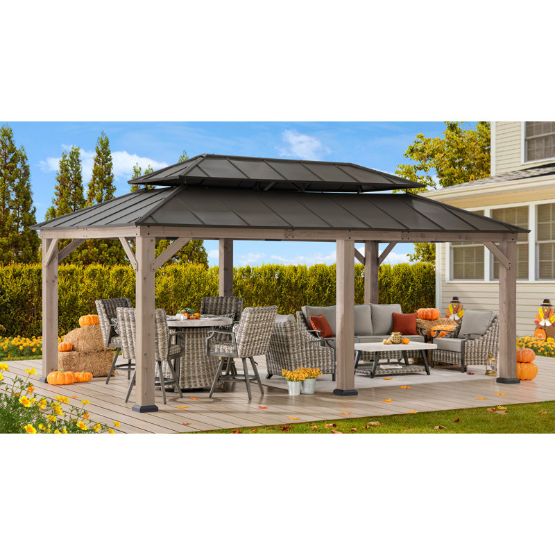 Sunjoy 12 ft. x 20 ft. Cedar Framed  Gazebo with Alum. Hardtop, Grey, Black
