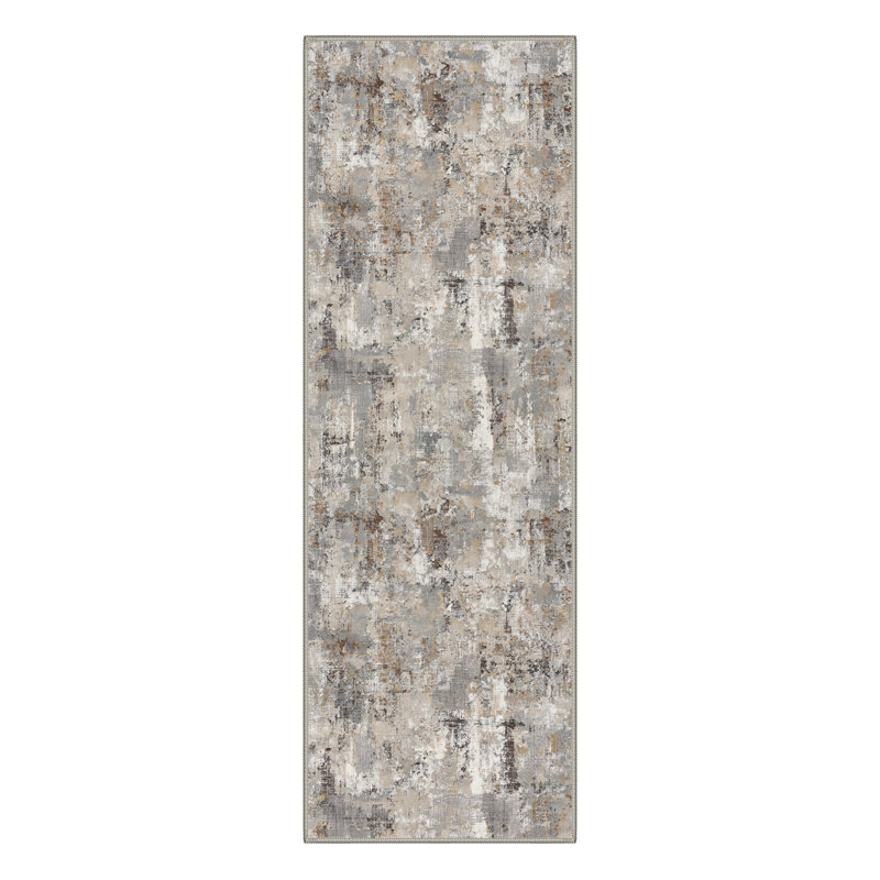 Mignone Ebon Abstract Machine Washable Grey / Brown Indoor Area Rug with Non-Slip Backing, Runner 2'6" x 8'