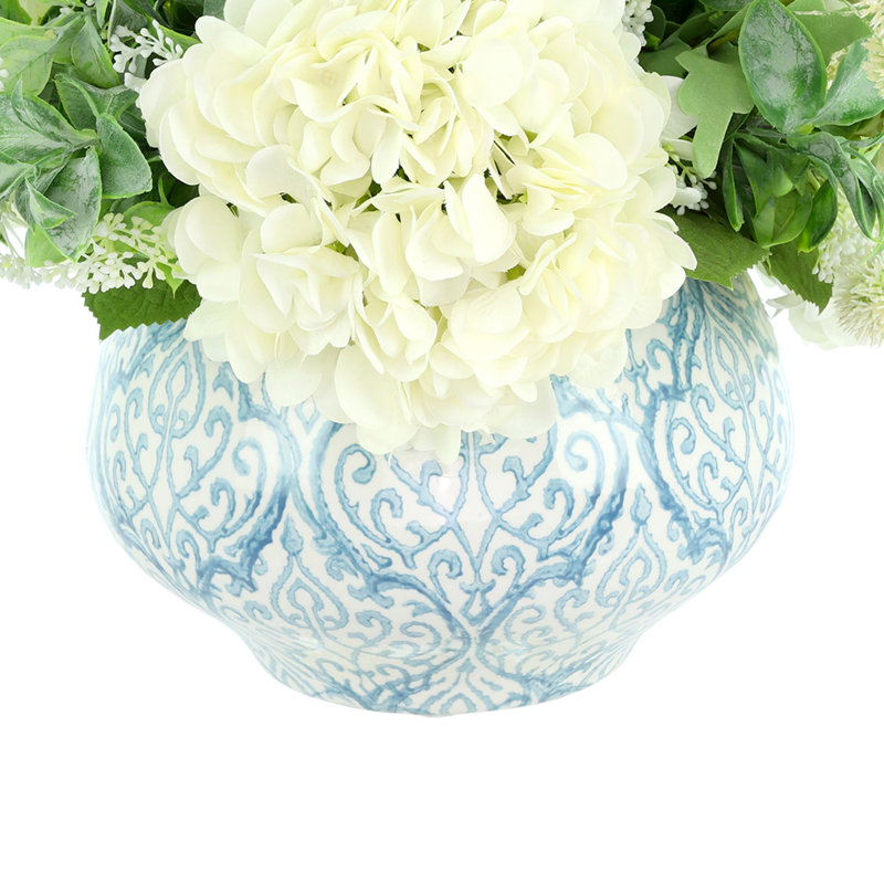 Hydrangea and Eucalyptus Faux Floral Arrangement, 13"H x 16"H x 16"D
