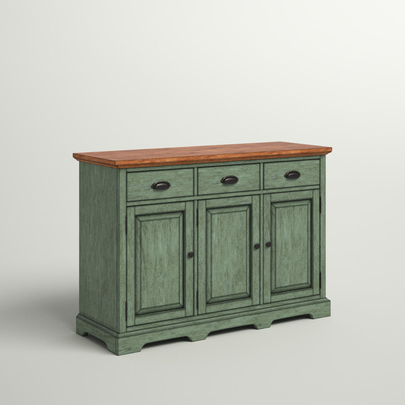 Buffet bas en bois d'hévéa à 3 tiroirs de 52 po de largeur, Sauge antique