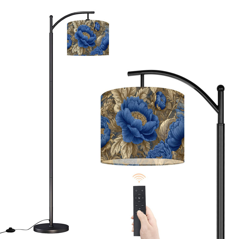 Lampe sur pied à arc avec télécommande Romantique bleu marine Bloom Lampe sur pied 3 lumières à intensité variable avec interrupteur au pied pour coin lecture