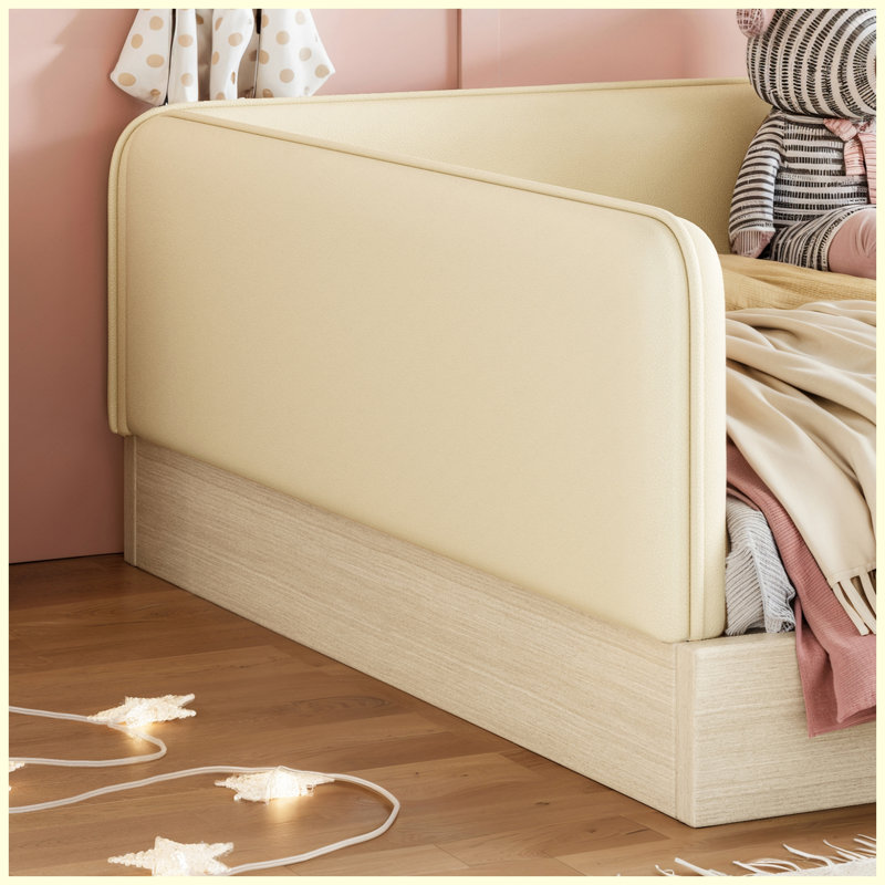 Lit double sur pied Montessori pour enfant avec garde-corps amovibles, similicuir, beige