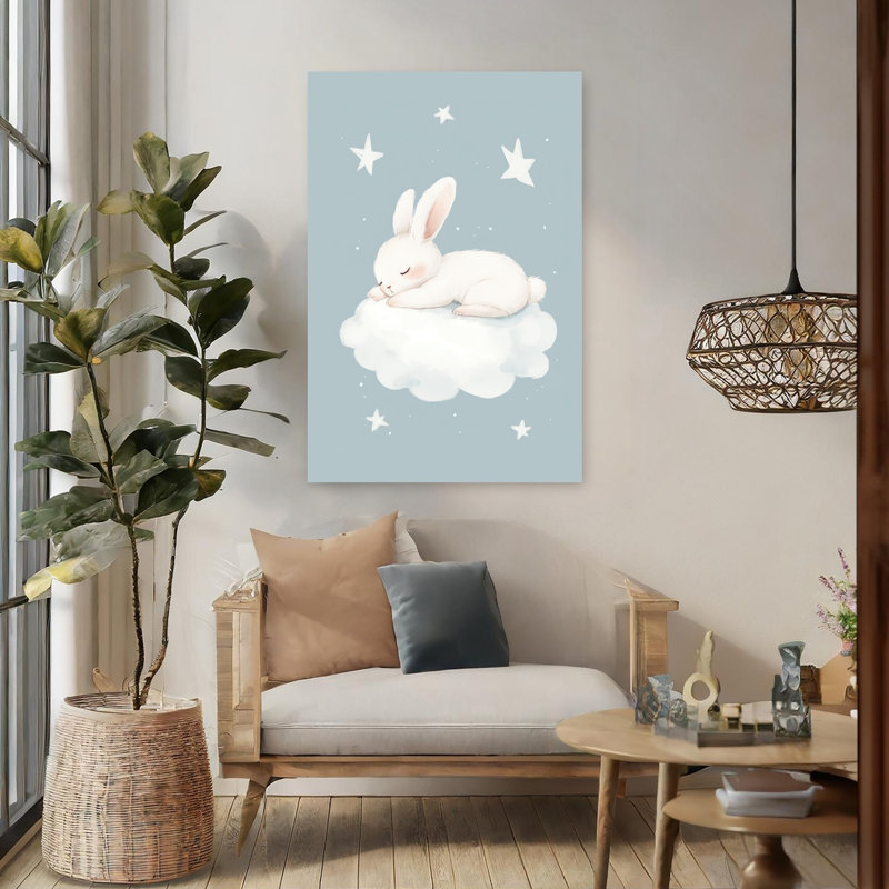 Dreamy Cloud Bunny Dreamy Peaceful Whimsical Rabbit Forest Landscape Wall Art Print by Mathieu - Wrapped Canvas Print