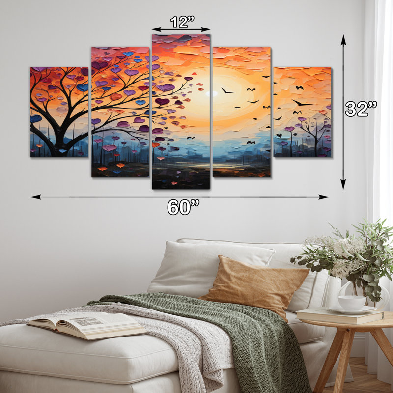 Paysage romantique, fondant des coeurs V - impression d'art mural paysage romantique - 5 panneaux