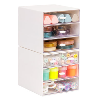  Rangement de bureau empilable, 6 tiroirs avec tiroirs transparents, plastique, ensemble de 2, blanc