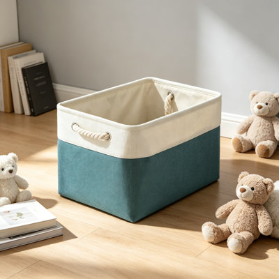 8 Pack Collapsible Storage Bins with Handles, Fabric Baskets for Shelves, Linen and Polyester Closet Organizer for Towels, Toys, and Books, 15 x 11 x 9.5 Inches, Cyan White