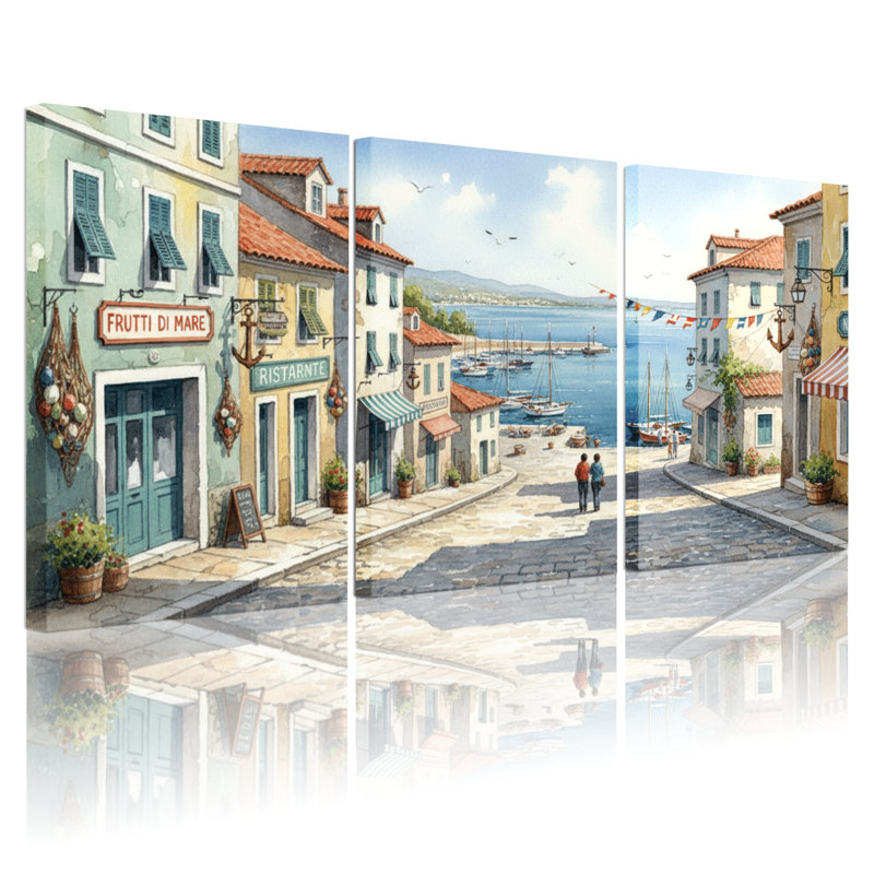 Ensemble de 3 impressions sur toile Scènes et paysages urbains de la ville côtière méditerranéenne, H 18 po x l 36 po