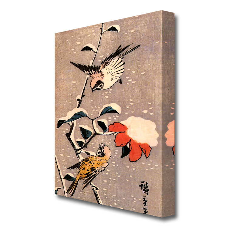 Sparrows And Camelias With Snow by Hiroshige Andō - Wrapped Canvas Painting