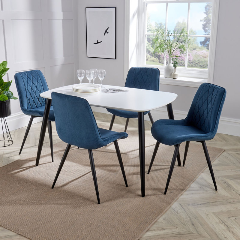 Aspen Rectangular Dining Table with 4 Diamond Stitch Upholstered Fabric Chairs - Modern Dining Set, White, Blue