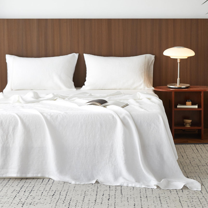 100% Washed Linen Sheet Set-Natural French Flax Bed Sheet, White, Queen 1 flat sheet+1 fitted sheet+2 pillowcases