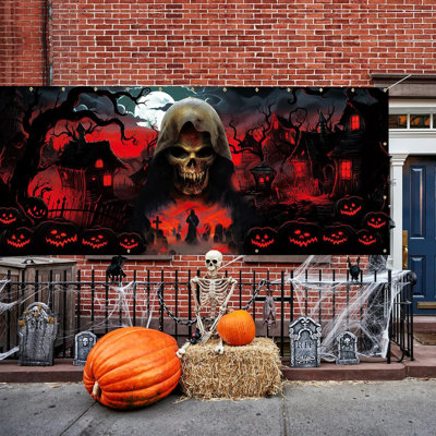 Joyeuses décorations d'Halloween, décorations de couvre-porte de garage noir et rouge, grande toile de fond de faucheuse, enseigne de fond d'Halloween pour articles de fête en plein air (16 x 7 pi)