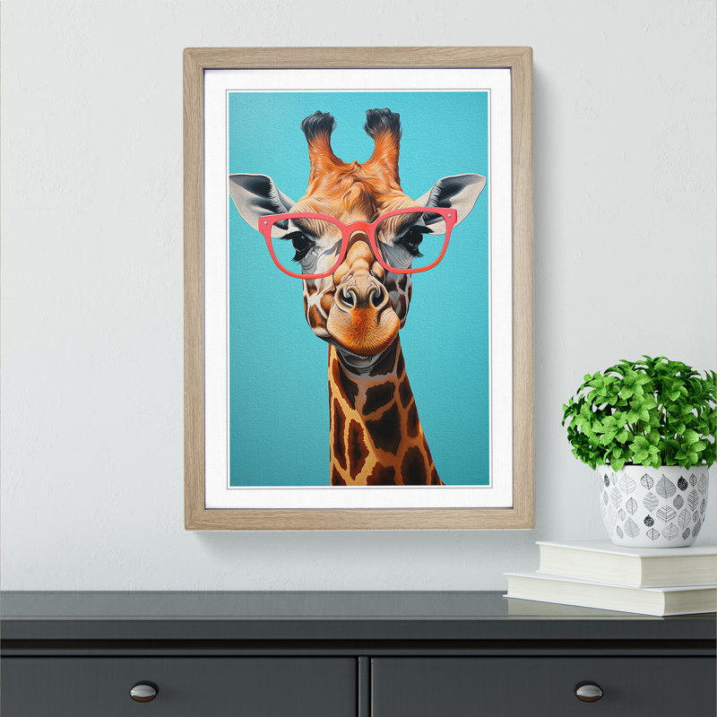 Giraffe With Glasses No.3 - Single Picture Frame Print on Wood, Oak, 64cm H x 46cm W x 2cm D
