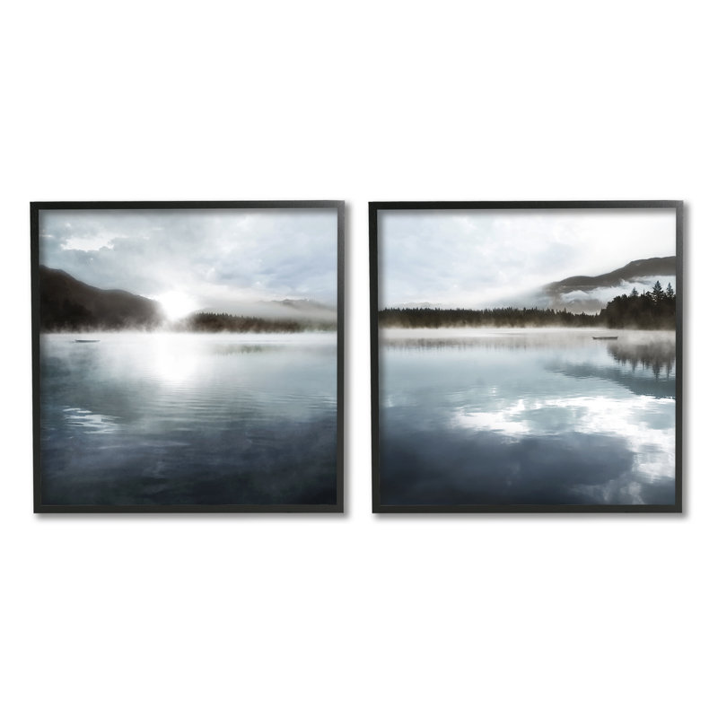 Misty Morning Lake Water Landscape Tree Forest Mountains 2Pc Black