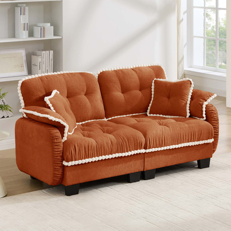 Canapé en chenille avec coussins matelassés et soutien ergonomique, 70" W, Orange Chenille
