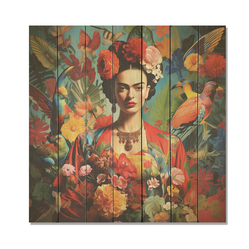 Œuvre d'art florale colorée Frida I - art mexicain sur bois, H 36 po x l 36 po