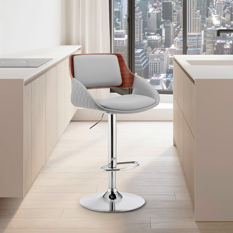 Mid-century Adjustable Height Bar Stool with Arms in Faux Leather and Metal, Chrome/Walnut, Gray