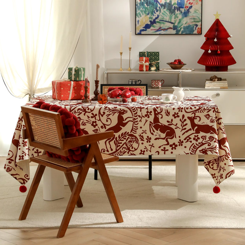 Red Deer And Floral Christmas Cotton Blend Tablecloth With Pom Pom, 56"L x 56"W