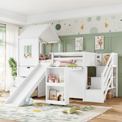 Lits jumeaux cabane avec rangement, en pin MDF, chambre d'enfant blanche moderne