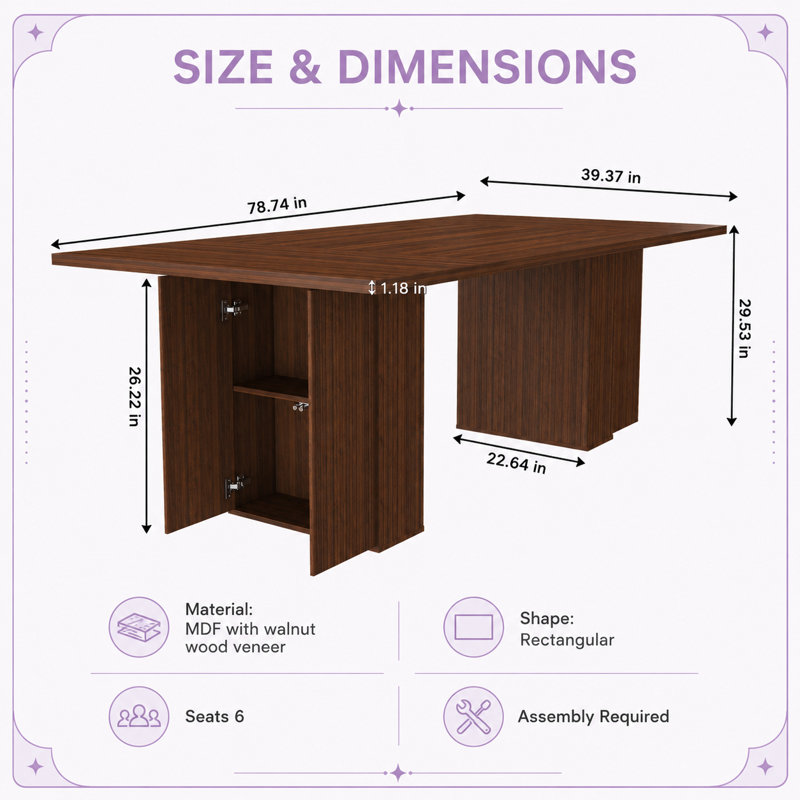 Table de salle à manger rectangulaire UNAROZ de 78 pouces avec base de rangement en placage de bois de noyer
