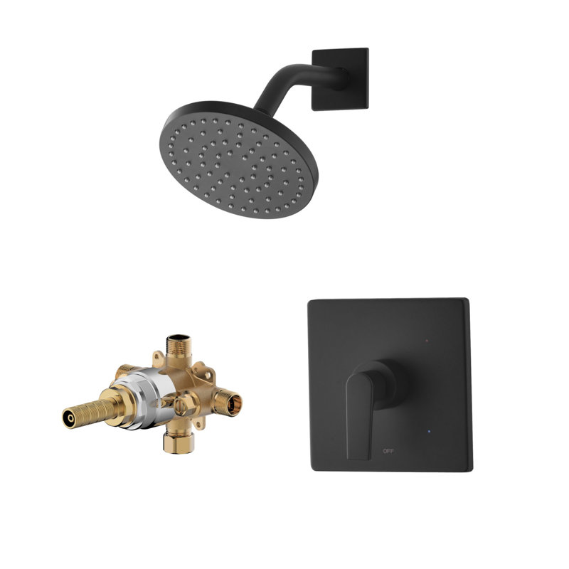 Garniture de douche de la collection Dean seulement: pomme de douche ronde de 6 po, ensemble de poignées simples et valve brute incluse - noir mat