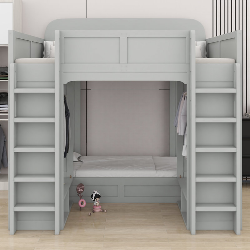 Lit superposé triple avec tablettes et crochets de rangement intégrés, Gris
