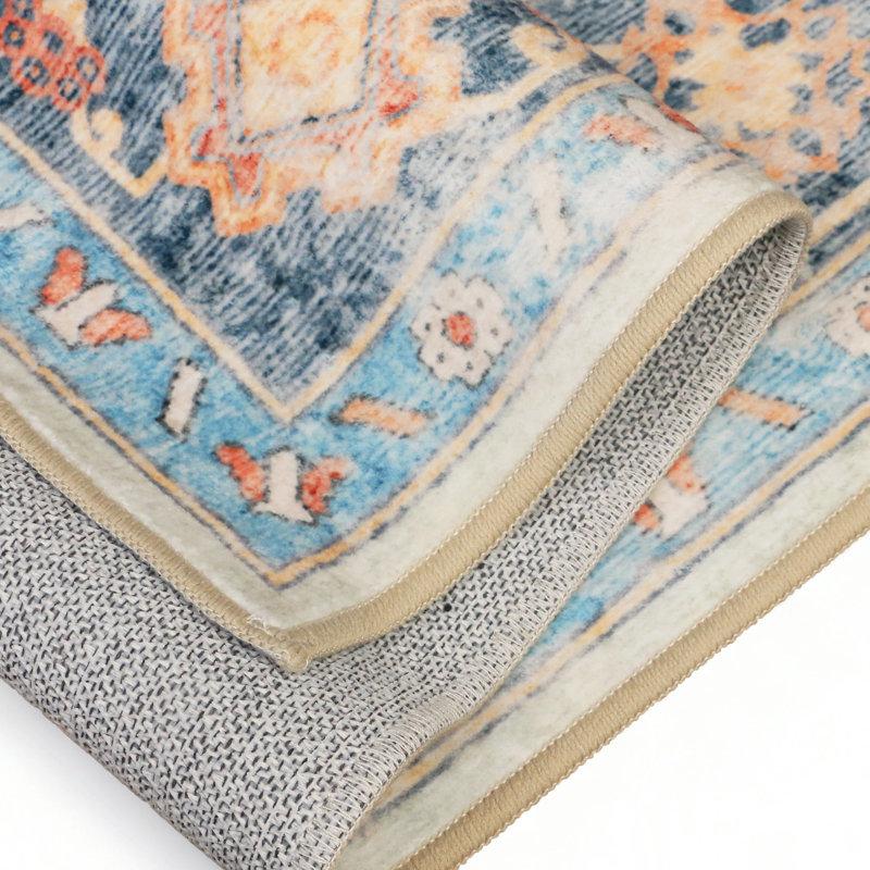 Tapis oriental performance Roehit, Tapis de couloir de 2 pi x 7 pi, Bleu / rouge / beige / orange