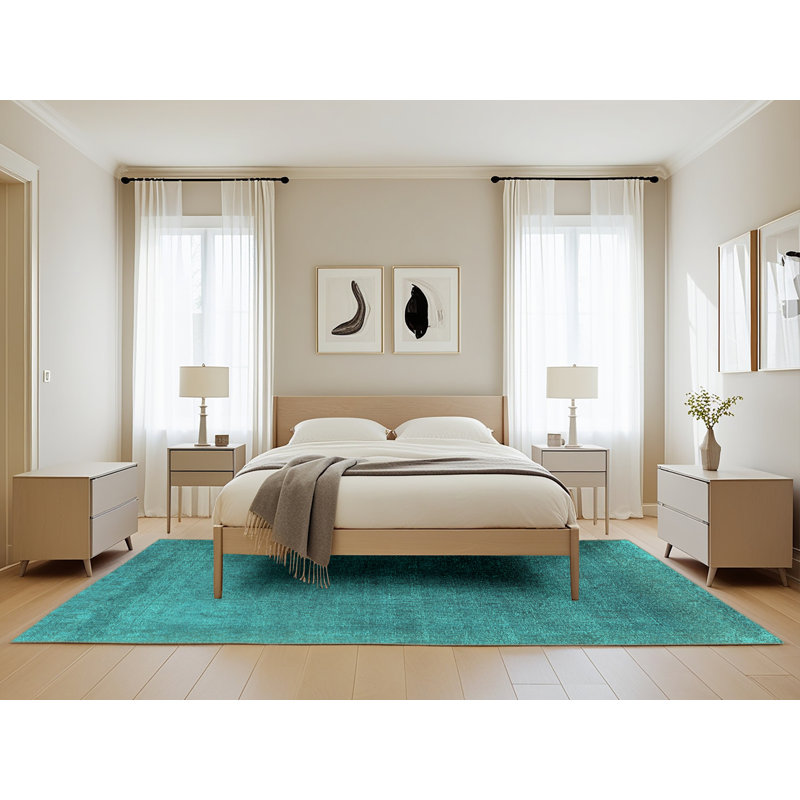 Tapis bleu sarcelle tissé à la machine, Rectangle 5 pi x 8 pi
