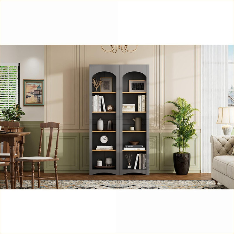 Cabinets | Set of 2 5-Tier 72" Farmhouse Two-Tone Adjustable Shelf Storage Bookcases, Slate Gray | Particle Board+MDF | Rustic/Lodge