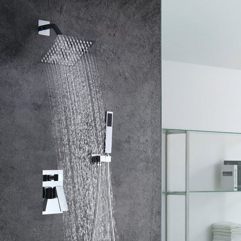 Système de douche complet moderne en chrome avec douche à main, robinet de douche à pluie dissimulé mural avec valve à pression équilibrée