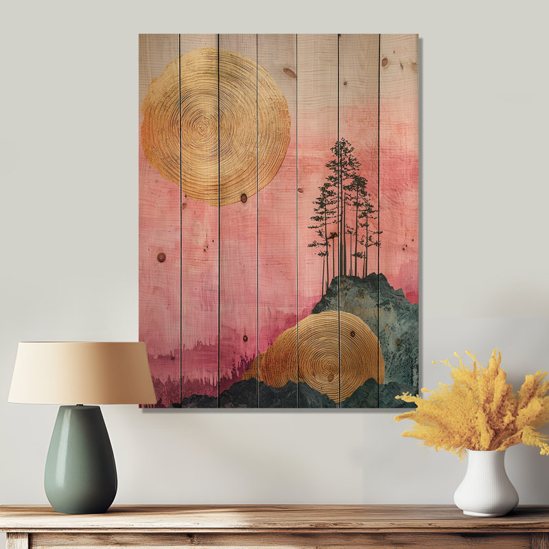 Lavande en bambou dans un paysage à encre de Chine I - Décoration murale en bois d'arbre - sur bois de pin naturel