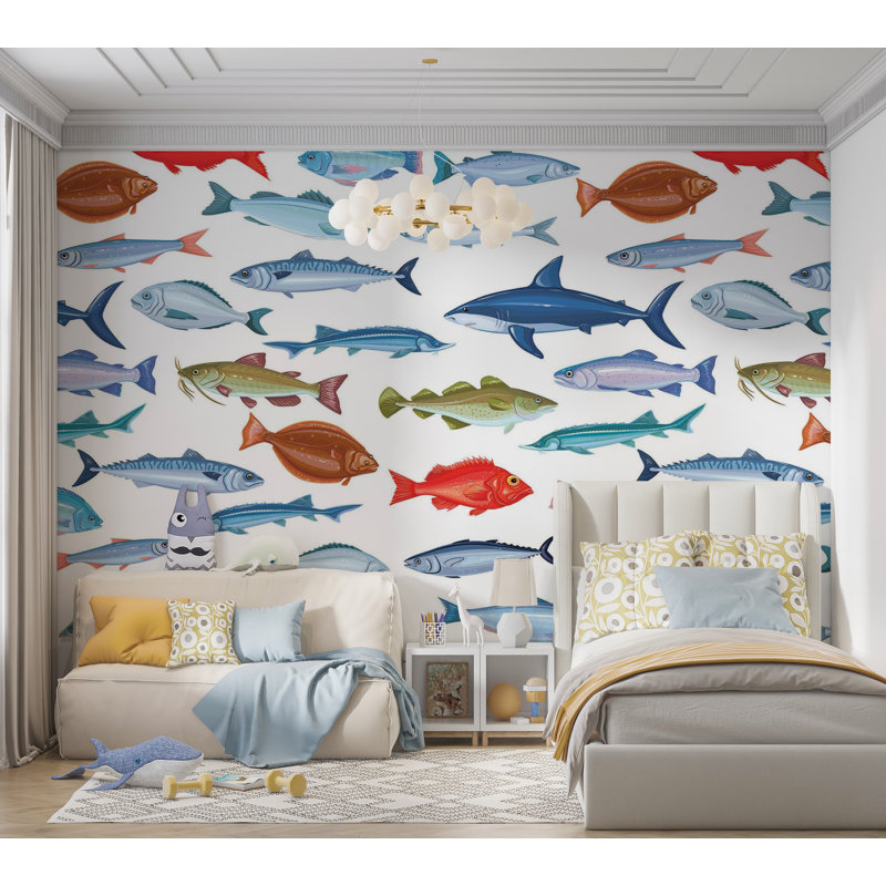 Murale pelez et collez de qualité supérieure - Motif de poisson coloré, L 120 po x l 180 po