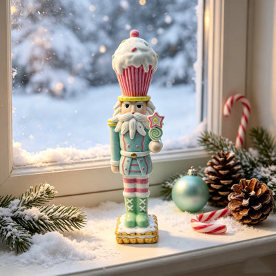 Nutcracker Christmas Tabletop Decorations Pastel Resin Holiday Figurines with Modern Soft Color Design Xmas Winter Centerpiece Ornaments for Mantel Shelf Office Home