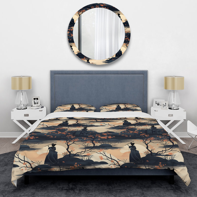 Ensemble de housse de couette Japon Blue Samurai Silhouettes I, Housse de couette pour grand lit et 2 taies décor