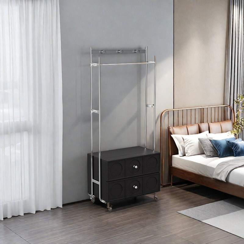 Solid Wood Coat Rack with Double Storage Drawers, Black