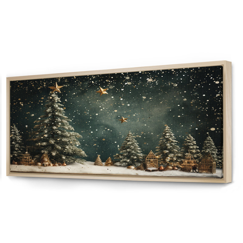 Décoration de sapin vert de Noël - Art mural sur toile de pin, H 28 po x l 60 po, Brun, Reproduction avec cadre flottant