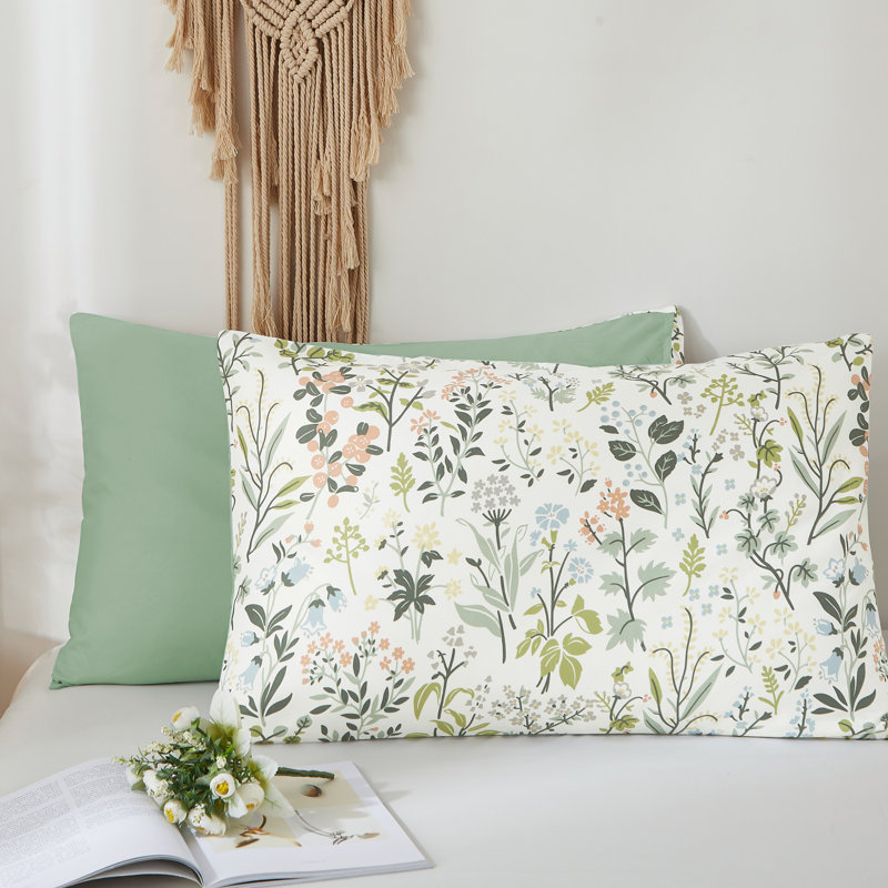 Nayoroom Boho Floral Green Solid Color Reversible Ultra Soft Duvet Cover, King Duvet Cover
