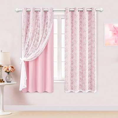 Rideaux occultant pour la chambre à coucher, rideaux beiges à double couche pour le salon, rideau pour enfant avec voile transparent, œillets avec embrasses, 2 panneaux, (rose)