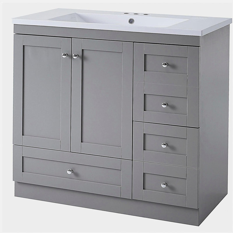 Armoire de salle de bain indépendante de style minimaliste de 36 pouces avec lavabo, 4 tiroirs à fermeture en douceur et 2 portes à fermeture en douceur
