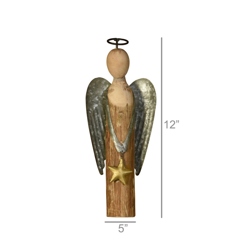 Grand ange en bois et métal avec figurine étoile, H 12 po x l 2 po x P 5 po