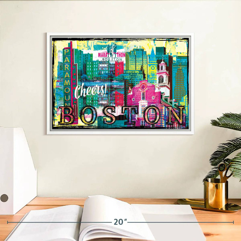 Repères grunge de Boston City, Cadre flottant blanc, 13 po x 9 po