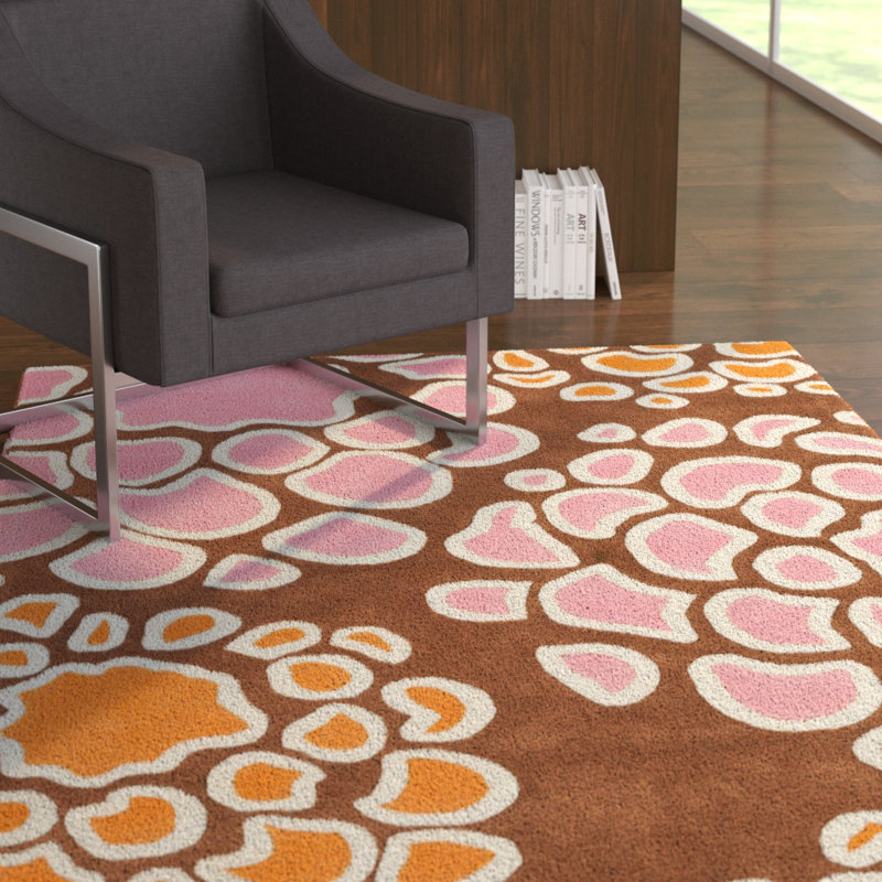 Stoltz Authentic Hand-Tufted Handmade White, Pink & Orange Floral on Brown Wool Indoor Area Rug, 5' x 7'6"