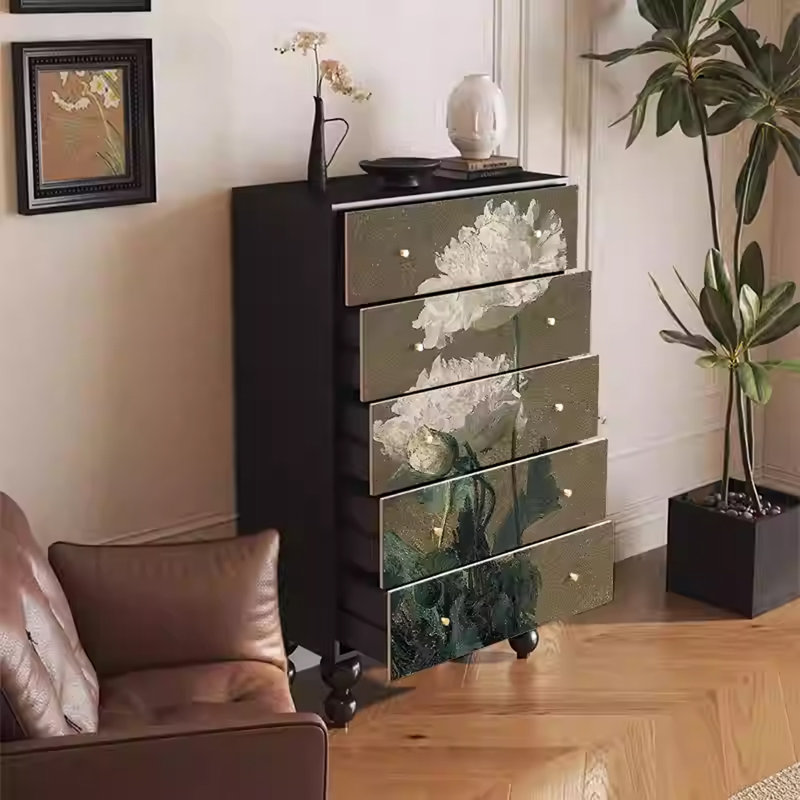 Walnut Wood Storage Cabinet with 5 Solid Drawers