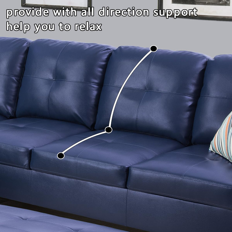 Bawan Faux Leather L-Shaped Sectional, Left Hand Facing, Navy Faux Leather