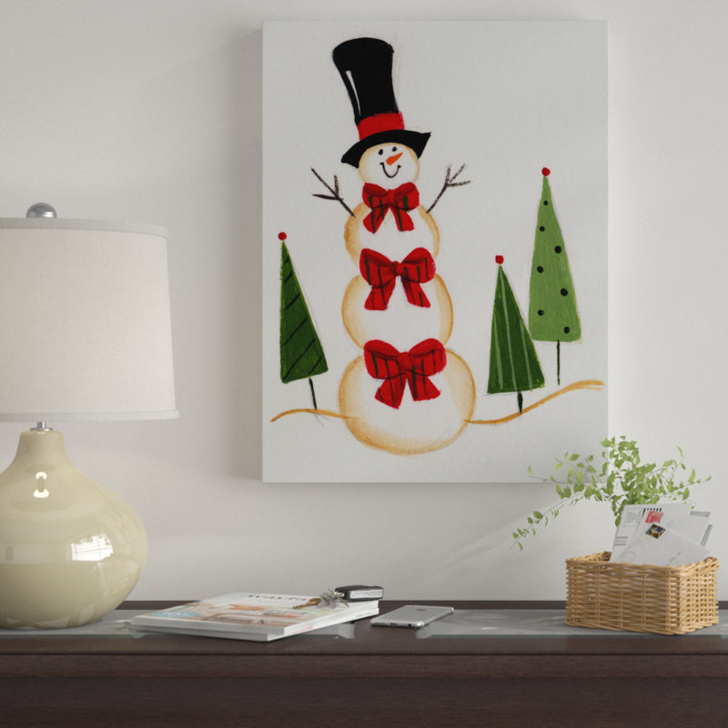 « bonhomme de neige avec trois rouge boucles », art sur toile, H 19 po x l 14 po x P 2 po