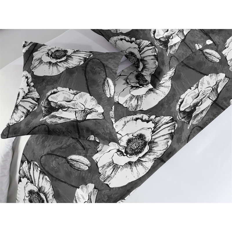 Ensemble de chemin de lit Ambesonne Poppy Blossoming Vintage Poppies gris noir blanc, Très grand lit